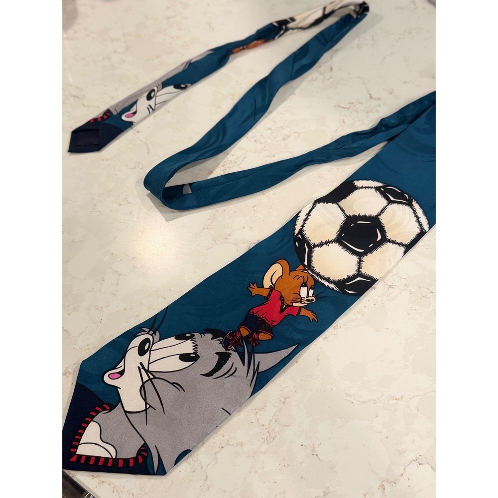 Vintage 1994 Tom and Jerry Soccer Sporty Silk Tie Cartoon Network Teal Blue Mens